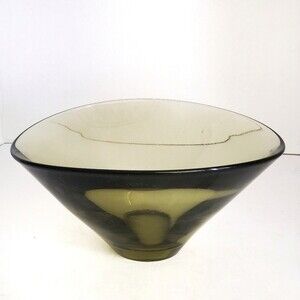 Per Lutkin Holmegaard Mid Century Modern 50s Olive Green Art Glass Bowl signed